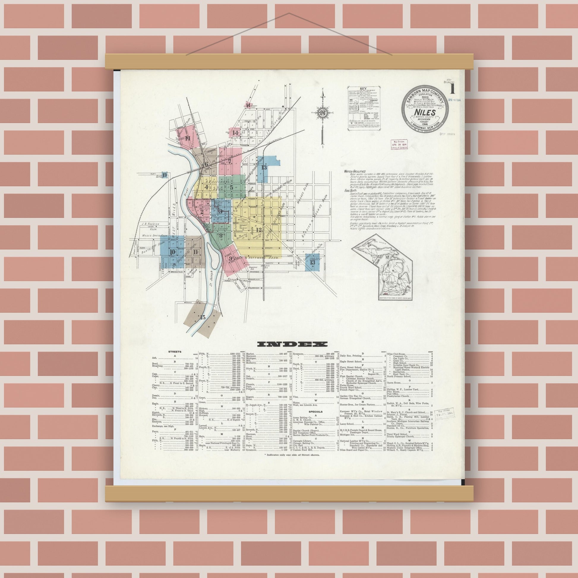 Old map wall art mockup — magnetic wood frame on brick wall — Sanborn Fire Insurance Map from Niles, Berrien County, Michigan (1914), Sheet #0001