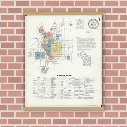Old map wall art mockup — magnetic wood frame on brick wall — Sanborn Fire Insurance Map from Niles, Berrien County, Michigan (1914), Sheet #0001