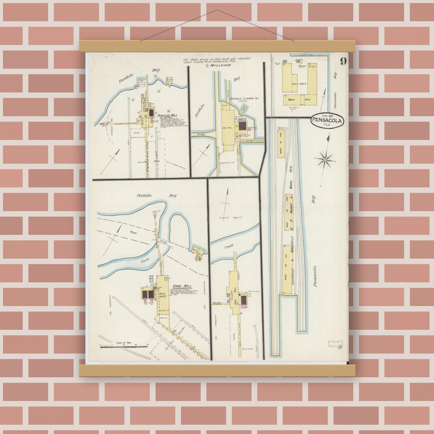 Old map wall art mockup — magnetic wood frame on brick wall — Sanborn Fire Insurance Map from Pensacola, Escambia County, Florida (1887), Sheet #0009