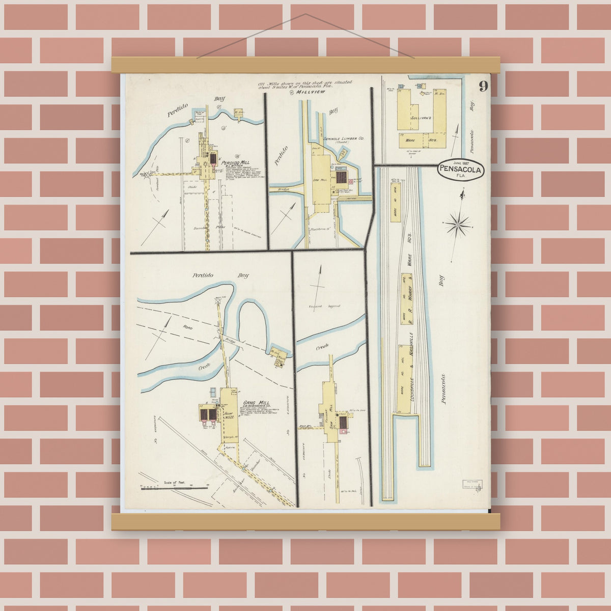 Old map wall art mockup — magnetic wood frame on brick wall — Sanborn Fire Insurance Map from Pensacola, Escambia County, Florida (1887), Sheet #0009