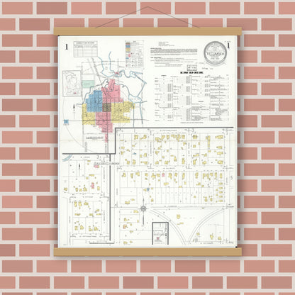 Old map wall art mockup — magnetic wood frame on brick wall — Sanborn Fire Insurance Map from Tecumseh, Lenawee County, Michigan (1935) - Complete Map Set