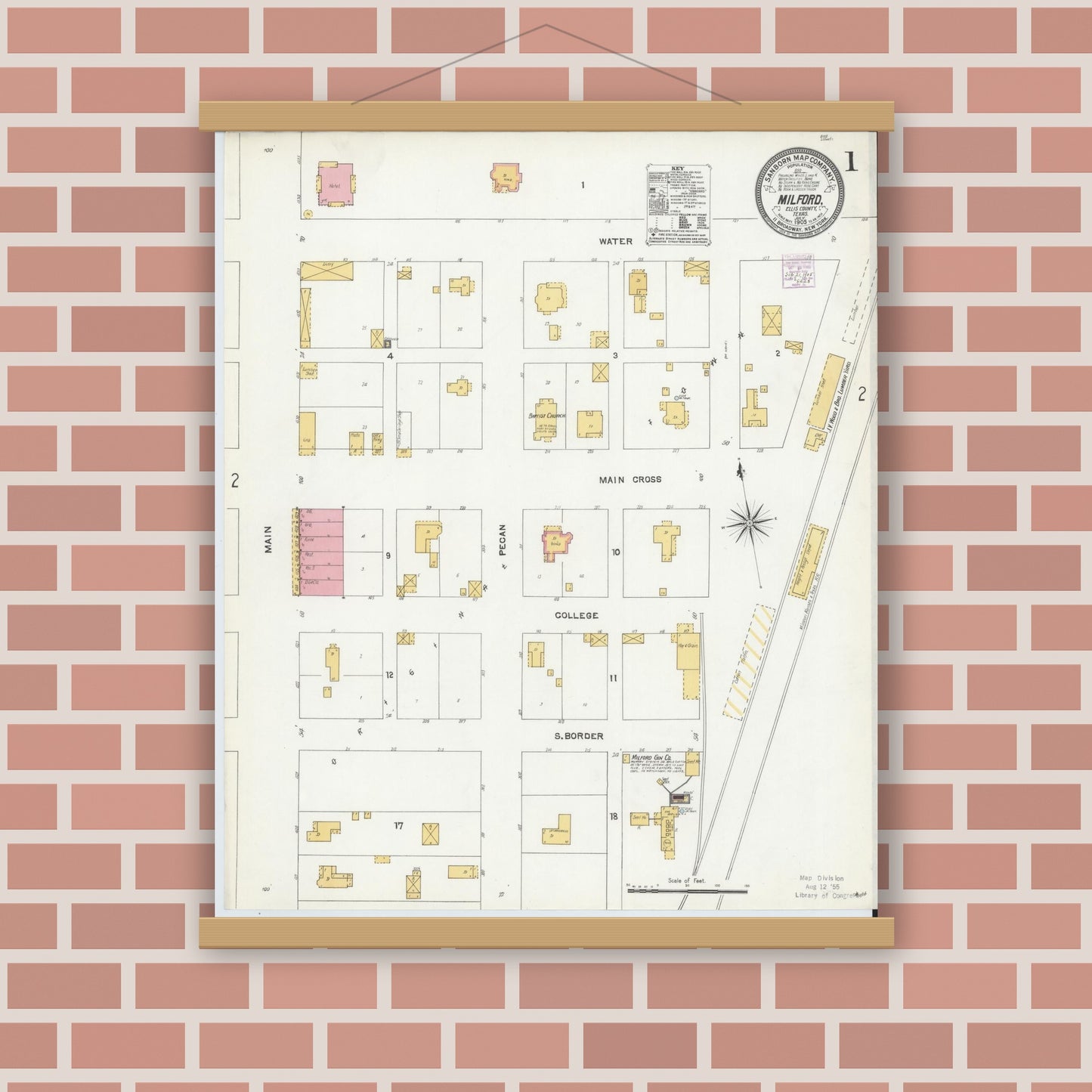 Old map wall art mockup — magnetic wood frame on brick wall — Sanborn Fire Insurance Map from Milford, Ellis County, Texas (1905) - Complete Map Set