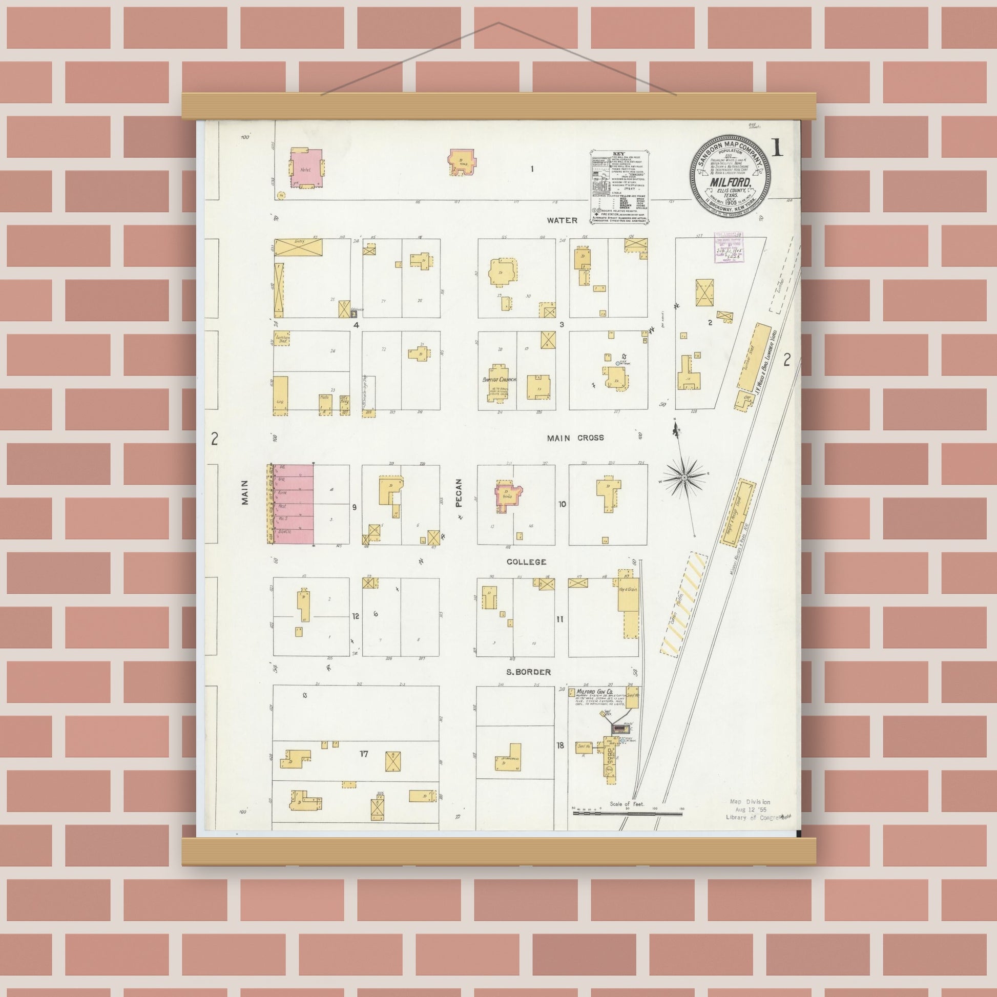Old map wall art mockup — magnetic wood frame on brick wall — Sanborn Fire Insurance Map from Milford, Ellis County, Texas (1905) - Complete Map Set