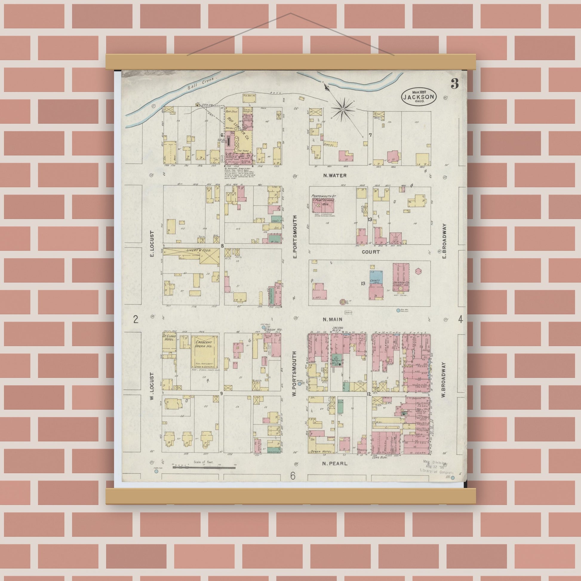 Old map wall art mockup — magnetic wood frame on brick wall — Sanborn Fire Insurance Map from Jackson, Jackson County, Ohio (1897), Sheet #0003