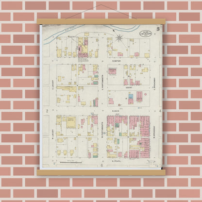 Old map wall art mockup — magnetic wood frame on brick wall — Sanborn Fire Insurance Map from Jackson, Jackson County, Ohio (1897), Sheet #0003