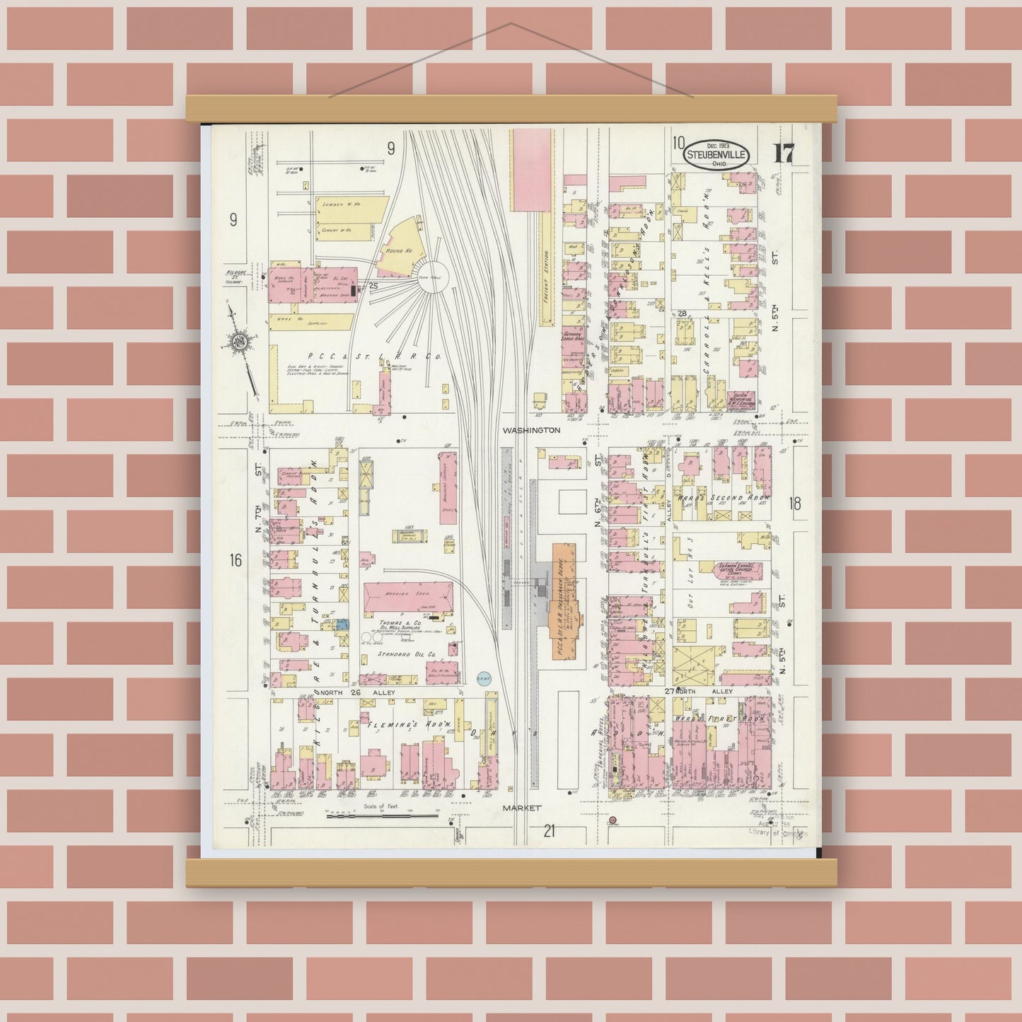 Old map wall art mockup — magnetic wood frame on brick wall — Sanborn Fire Insurance Map from Steubenville, Jefferson County, Ohio (1913), Sheet #0017