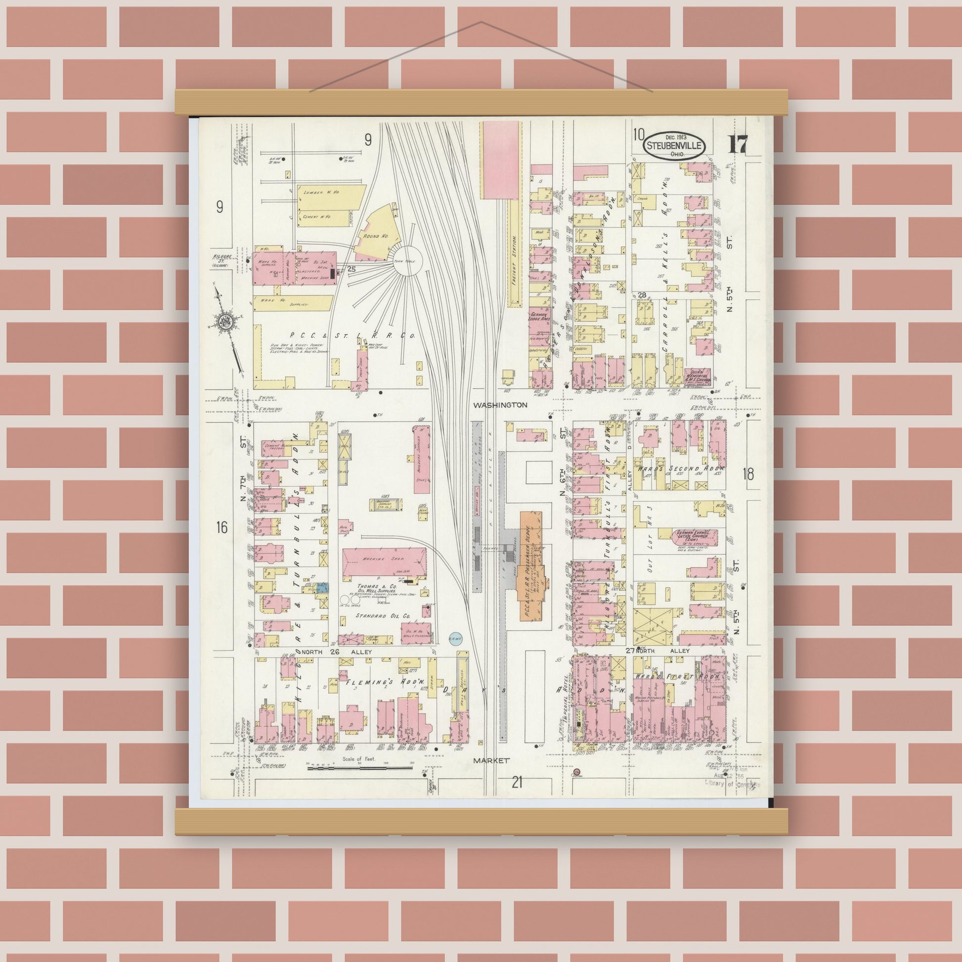 Old map wall art mockup — magnetic wood frame on brick wall — Sanborn Fire Insurance Map from Steubenville, Jefferson County, Ohio (1913), Sheet #0017