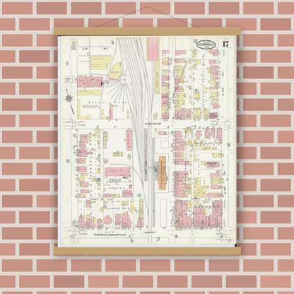 Old map wall art mockup — magnetic wood frame on brick wall — Sanborn Fire Insurance Map from Steubenville, Jefferson County, Ohio (1913), Sheet #0017