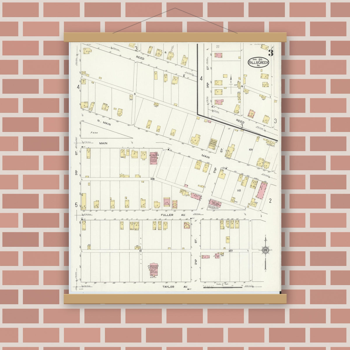 Old map wall art mockup — magnetic wood frame on brick wall — Sanborn Fire Insurance Map from Falls Creek, Jefferson And Clearfield Counties, Pennsylvania (1913), Sheet #0003