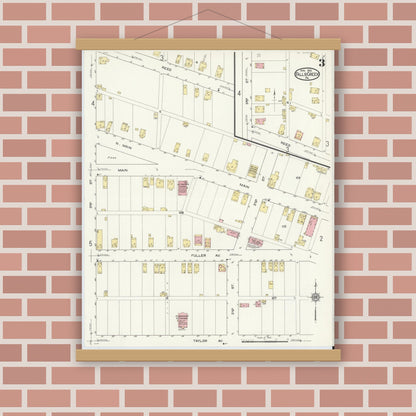 Old map wall art mockup — magnetic wood frame on brick wall — Sanborn Fire Insurance Map from Falls Creek, Jefferson And Clearfield Counties, Pennsylvania (1913), Sheet #0003