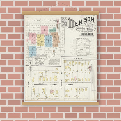 Old map wall art mockup — magnetic wood frame on brick wall — Sanborn Fire Insurance Map from Denison, Grayson County, Texas (1888) - Complete Map Set