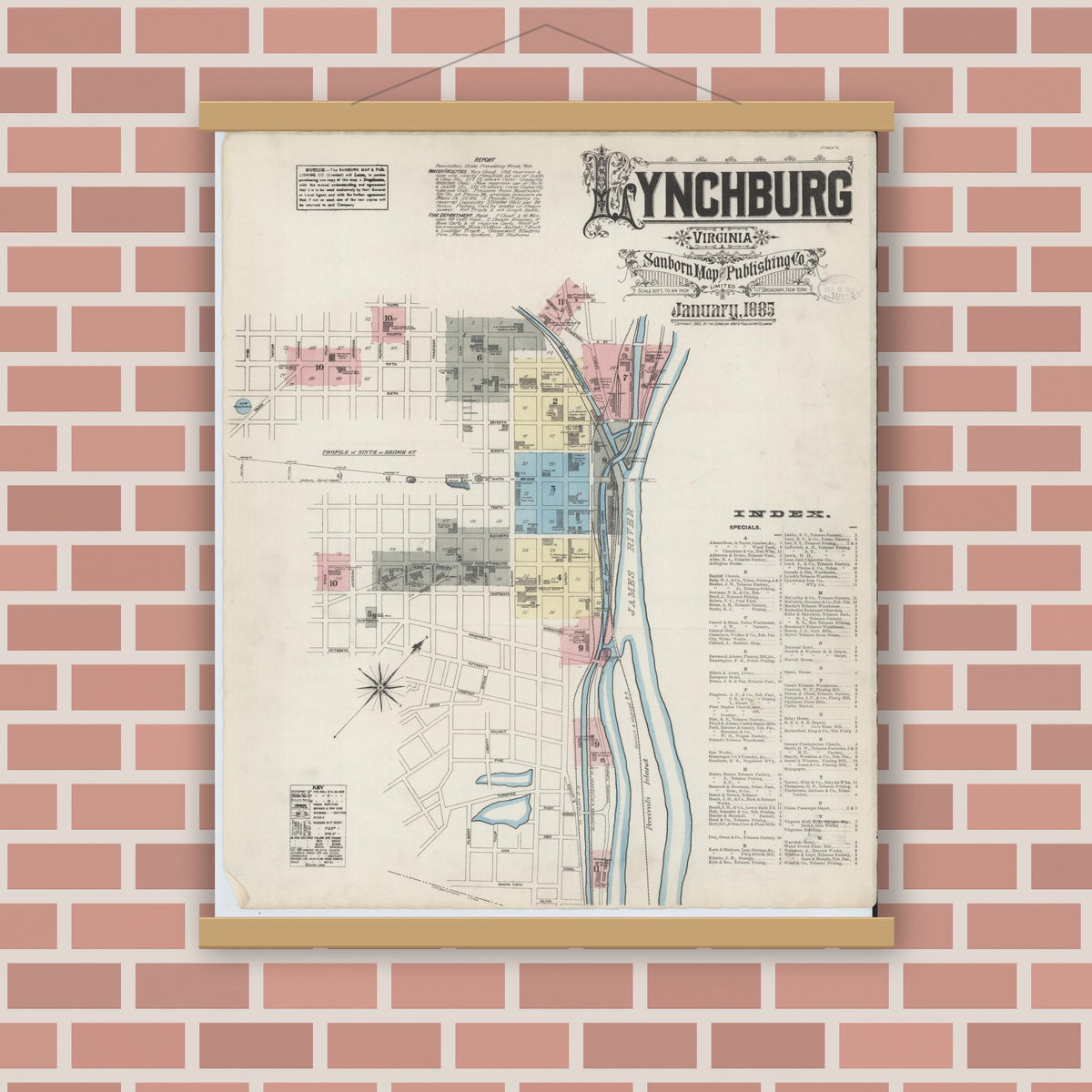 Old map wall art mockup — magnetic wood frame on brick wall — Sanborn Fire Insurance Map from Lynchburg, Independent Cities, Virginia (1885) - Complete Map Set