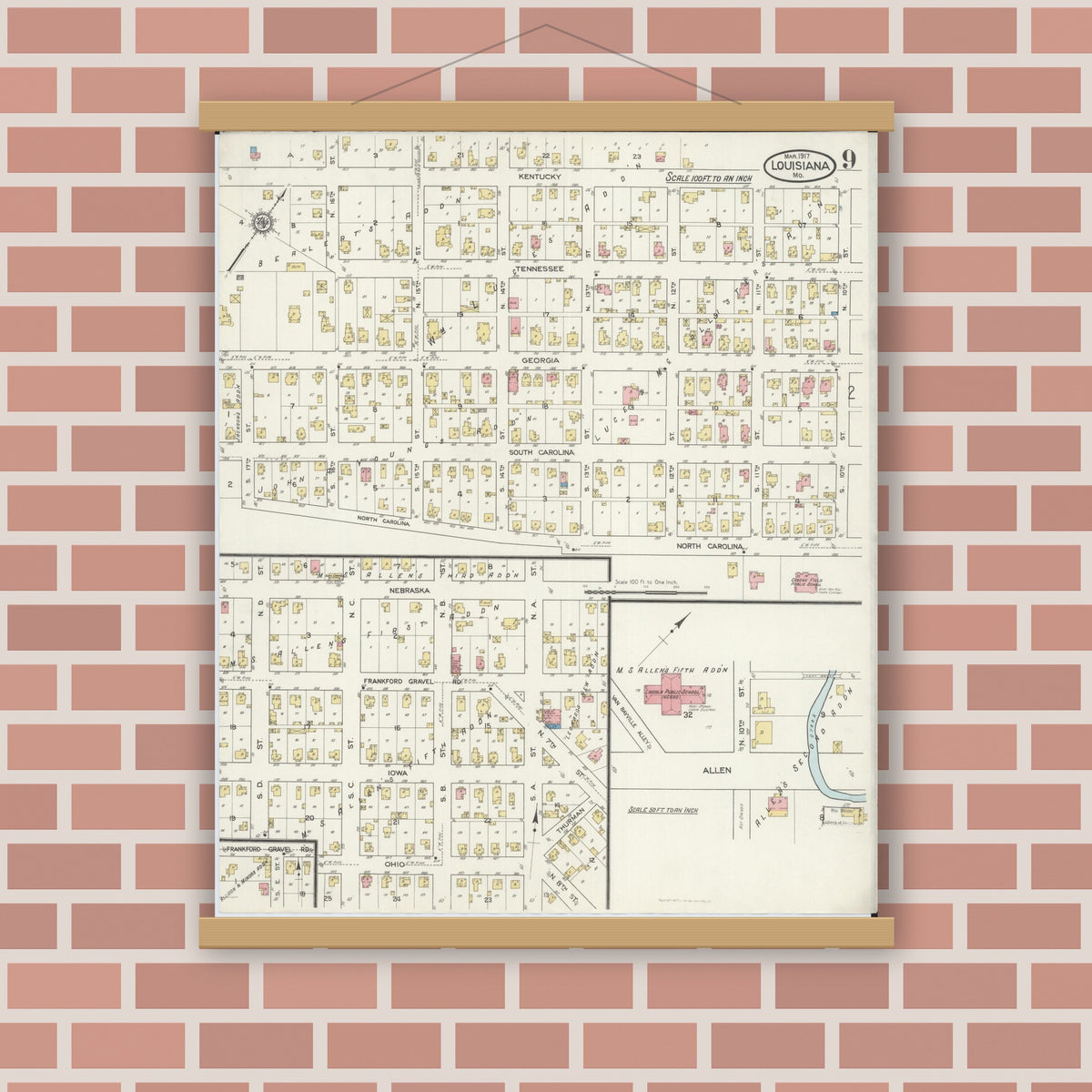 Old map wall art mockup — magnetic wood frame on brick wall — Sanborn Fire Insurance Map from Louisiana, Pike County, Missouri (1917), Sheet #0009