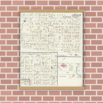 Old map wall art mockup — magnetic wood frame on brick wall — Sanborn Fire Insurance Map from Louisiana, Pike County, Missouri (1917), Sheet #0009