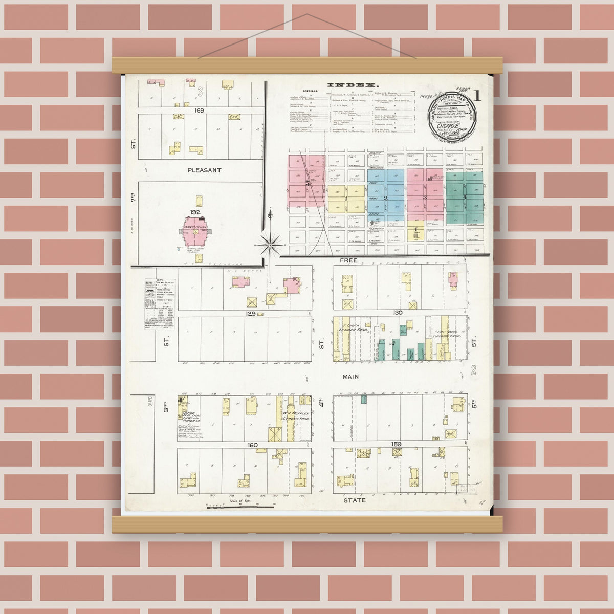 Old map wall art mockup — magnetic wood frame on brick wall — Sanborn Fire Insurance Map from Osage, Mitchell County, Iowa (1892), Sheet #0001