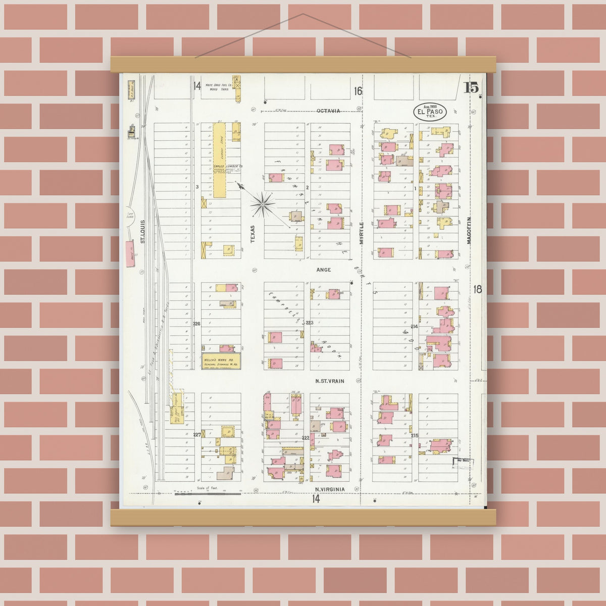 Old map wall art mockup — magnetic wood frame on brick wall — Sanborn Fire Insurance Map from El Paso, El Paso County, Texas (1900), Sheet #0015