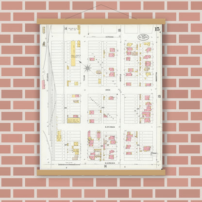 Old map wall art mockup — magnetic wood frame on brick wall — Sanborn Fire Insurance Map from El Paso, El Paso County, Texas (1900), Sheet #0015