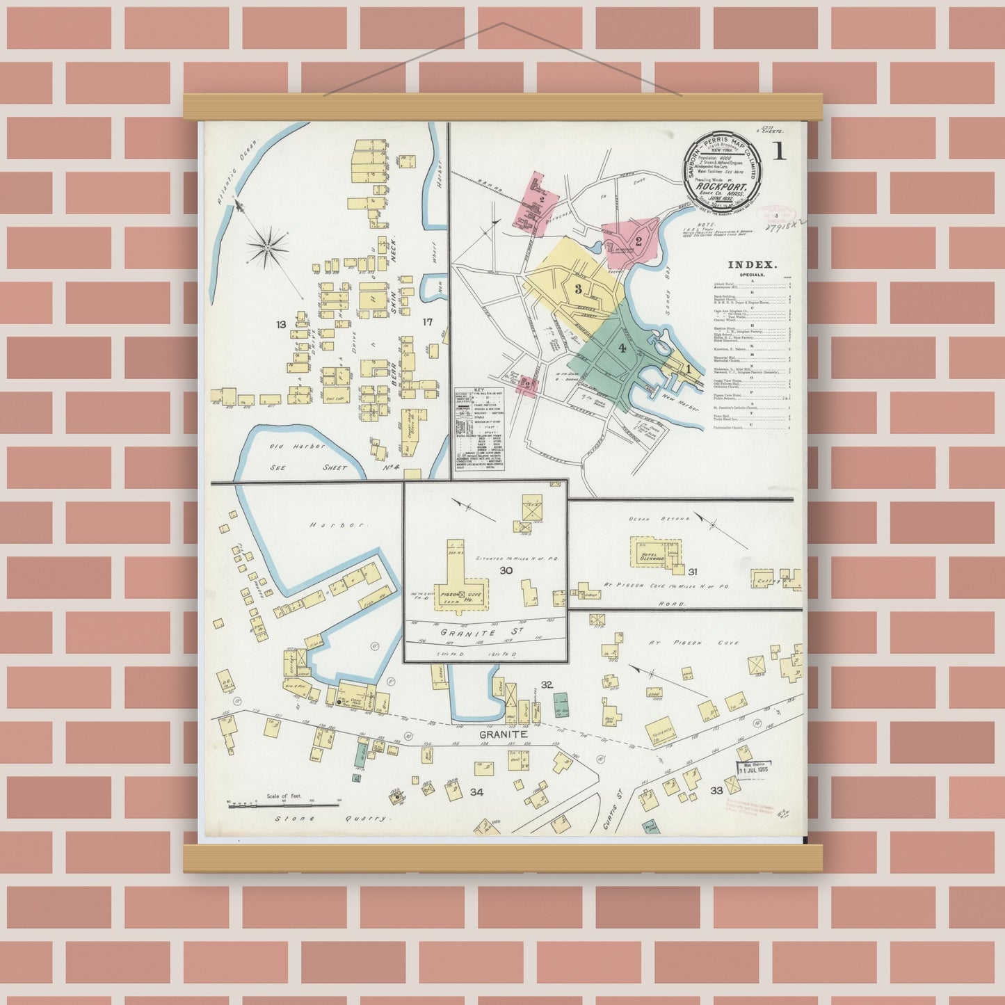 Old map wall art mockup — magnetic wood frame on brick wall — Sanborn Fire Insurance Map from Rockport, Essex County, Massachusetts (1892) - Complete Map Set