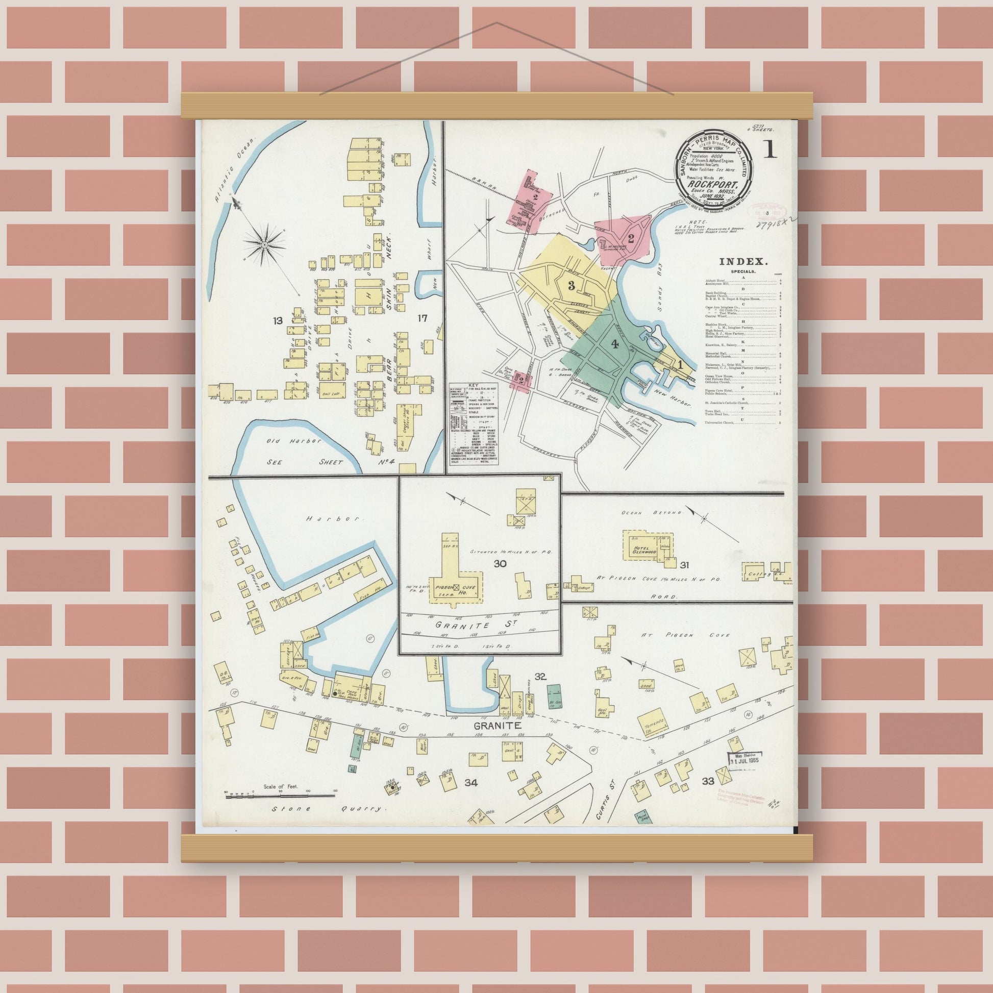Old map wall art mockup — magnetic wood frame on brick wall — Sanborn Fire Insurance Map from Rockport, Essex County, Massachusetts (1892) - Complete Map Set