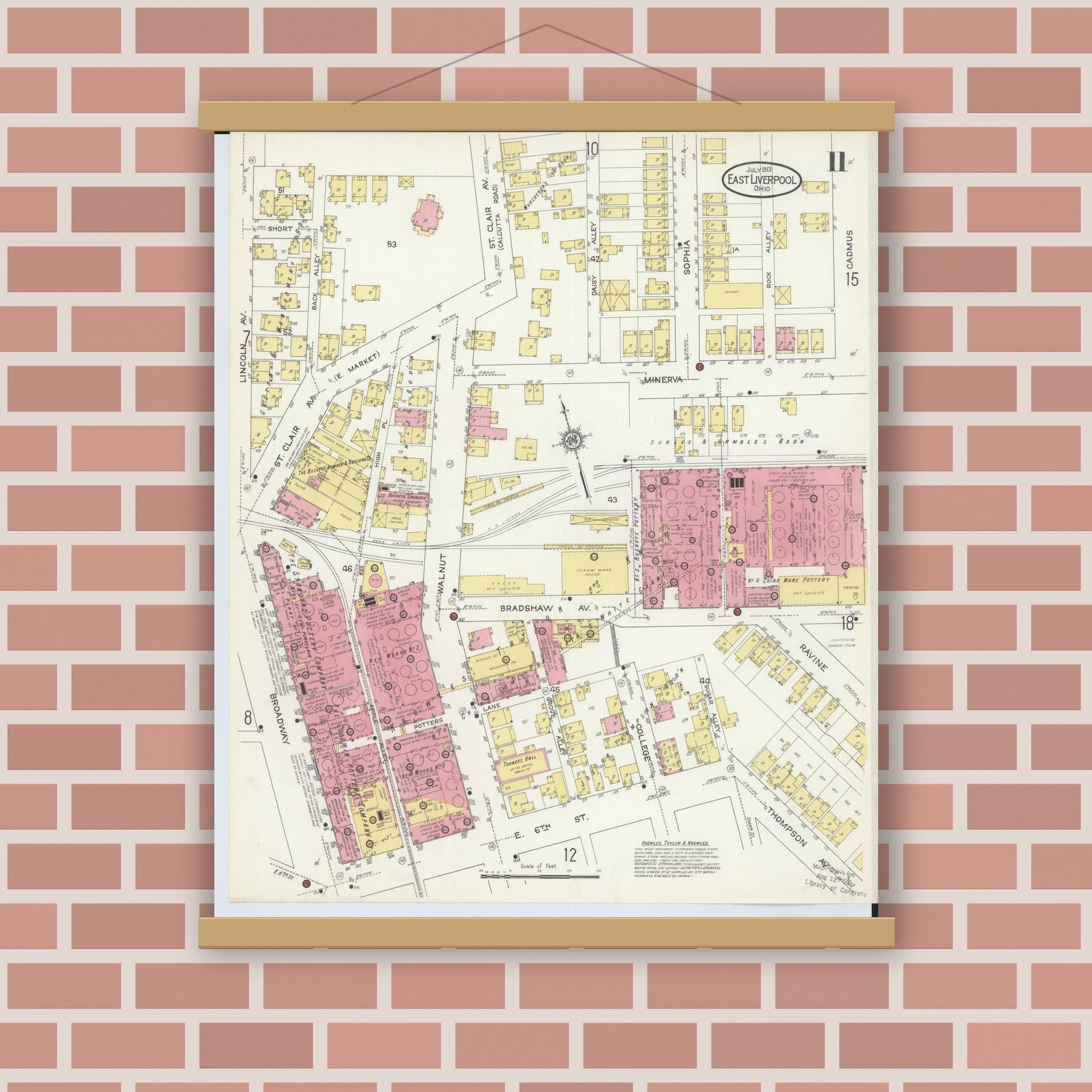 Old map wall art mockup — magnetic wood frame on brick wall — Sanborn Fire Insurance Map from East Liverpool, Columbiana County, Ohio (1913), Sheet #0011