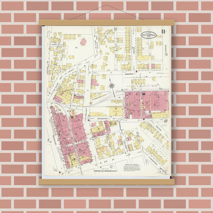 Old map wall art mockup — magnetic wood frame on brick wall — Sanborn Fire Insurance Map from East Liverpool, Columbiana County, Ohio (1913), Sheet #0011