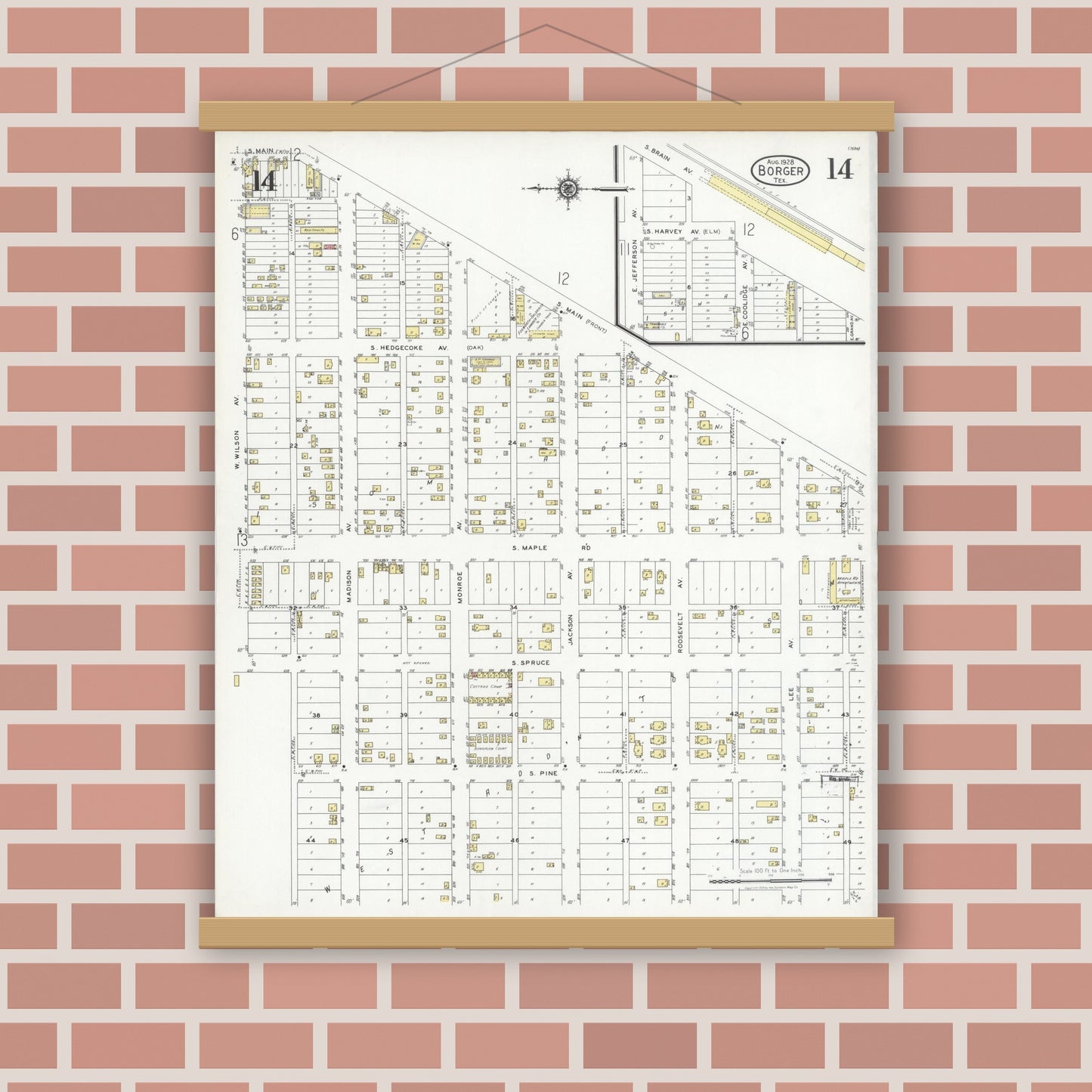 Old map wall art mockup — magnetic wood frame on brick wall — Sanborn Fire Insurance Map from Borger, Hutchinson County, Texas (1928), Sheet #0014