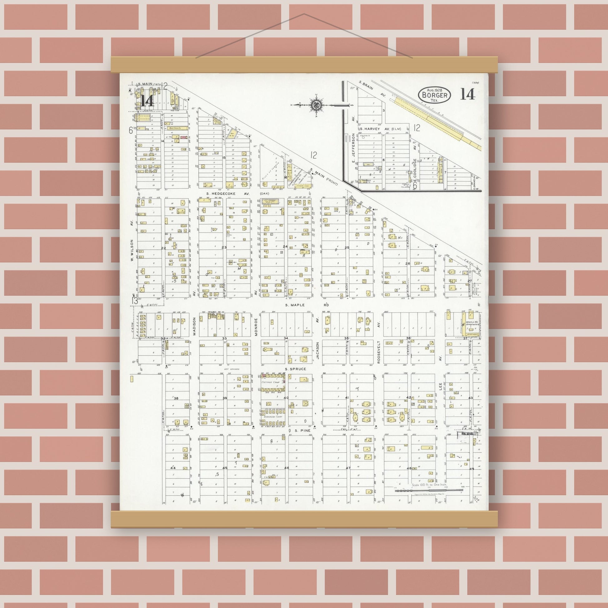 Old map wall art mockup — magnetic wood frame on brick wall — Sanborn Fire Insurance Map from Borger, Hutchinson County, Texas (1928), Sheet #0014