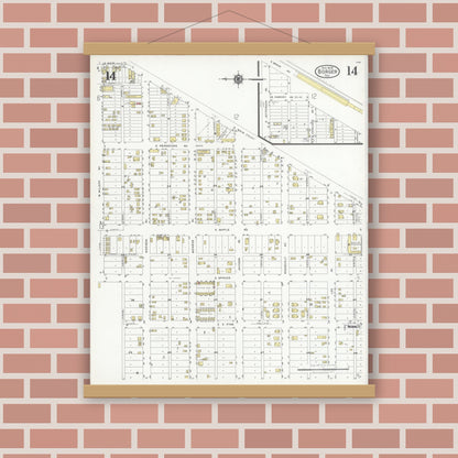 Old map wall art mockup — magnetic wood frame on brick wall — Sanborn Fire Insurance Map from Borger, Hutchinson County, Texas (1928), Sheet #0014