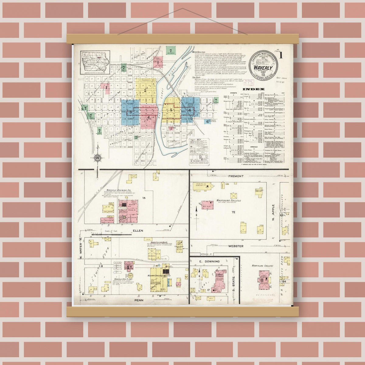 Old map wall art mockup — magnetic wood frame on brick wall — Sanborn Fire Insurance Map from Waverly, Bremer County, Iowa (1915), Sheet #0001