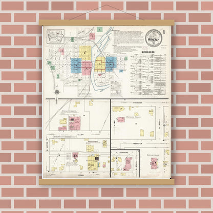 Old map wall art mockup — magnetic wood frame on brick wall — Sanborn Fire Insurance Map from Waverly, Bremer County, Iowa (1915), Sheet #0001