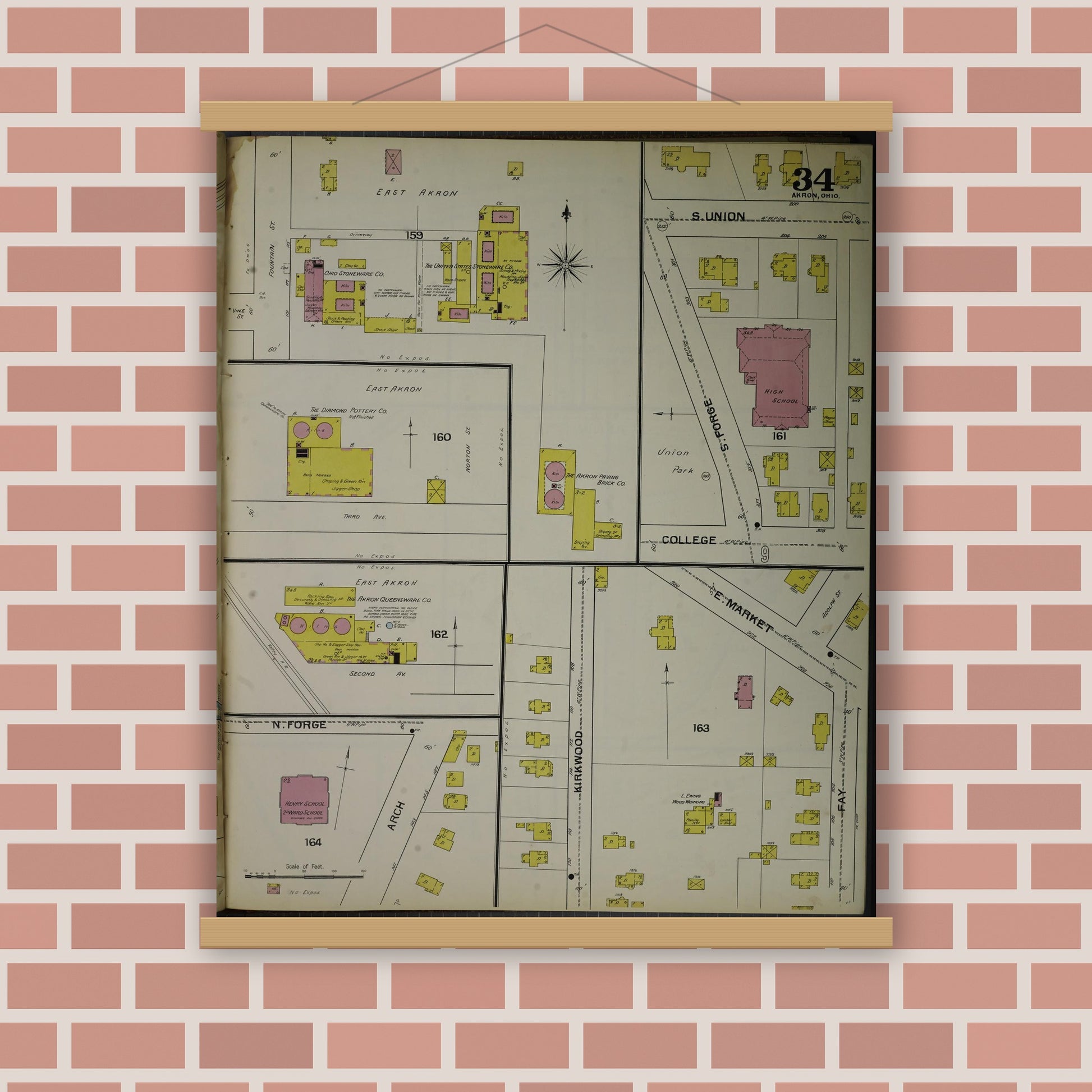 Old map wall art mockup — magnetic wood frame on brick wall — Sanborn Fire Insurance Map from Akron, Summit County, Ohio (1892), Sheet #0034