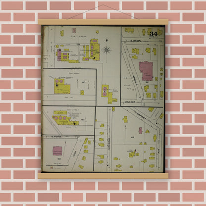 Old map wall art mockup — magnetic wood frame on brick wall — Sanborn Fire Insurance Map from Akron, Summit County, Ohio (1892), Sheet #0034