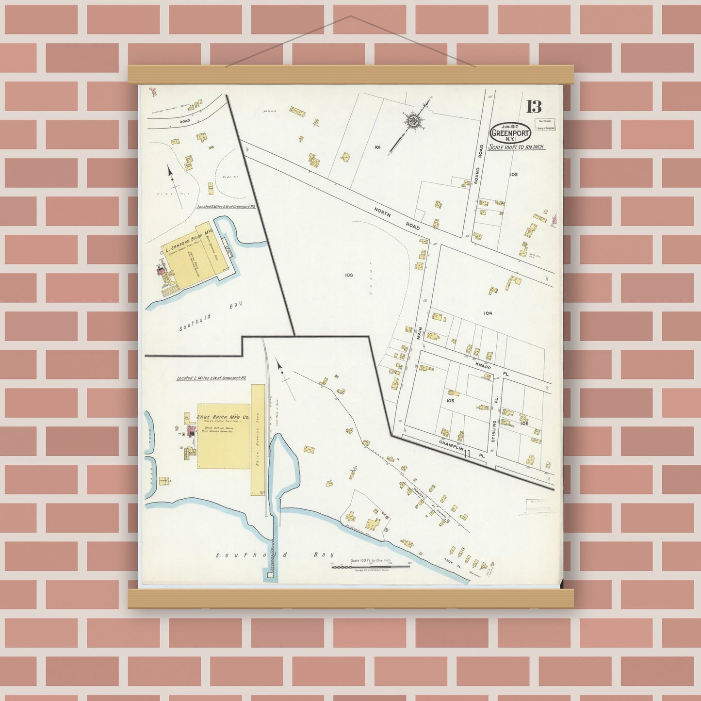 Old map wall art mockup — magnetic wood frame on brick wall — Sanborn Fire Insurance Map from Greenport, Suffolk County, New York (1917), Sheet #0013