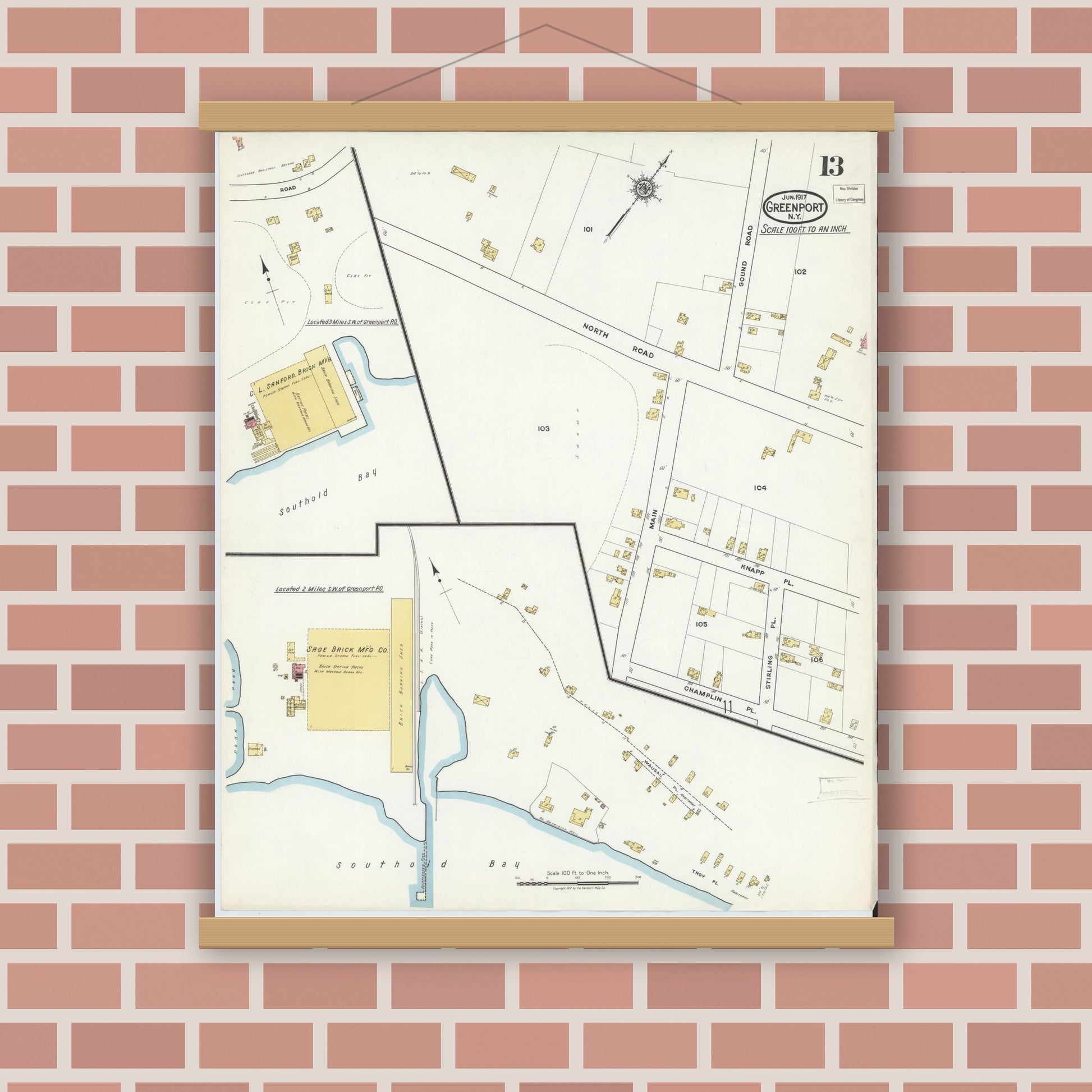 Old map wall art mockup — magnetic wood frame on brick wall — Sanborn Fire Insurance Map from Greenport, Suffolk County, New York (1917), Sheet #0013