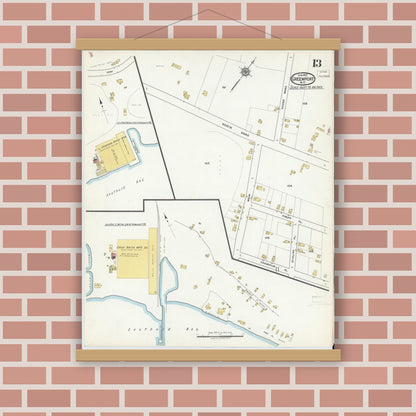 Old map wall art mockup — magnetic wood frame on brick wall — Sanborn Fire Insurance Map from Greenport, Suffolk County, New York (1917), Sheet #0013