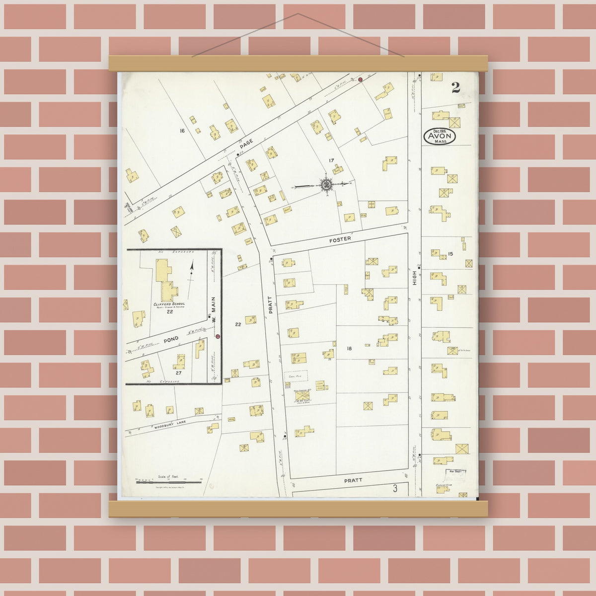Old map wall art mockup — magnetic wood frame on brick wall — Sanborn Fire Insurance Map from Avon, Norfolk County, Massachusetts (1916), Sheet #0002