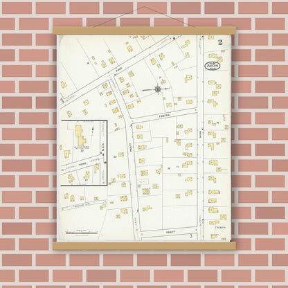 Old map wall art mockup — magnetic wood frame on brick wall — Sanborn Fire Insurance Map from Avon, Norfolk County, Massachusetts (1916), Sheet #0002