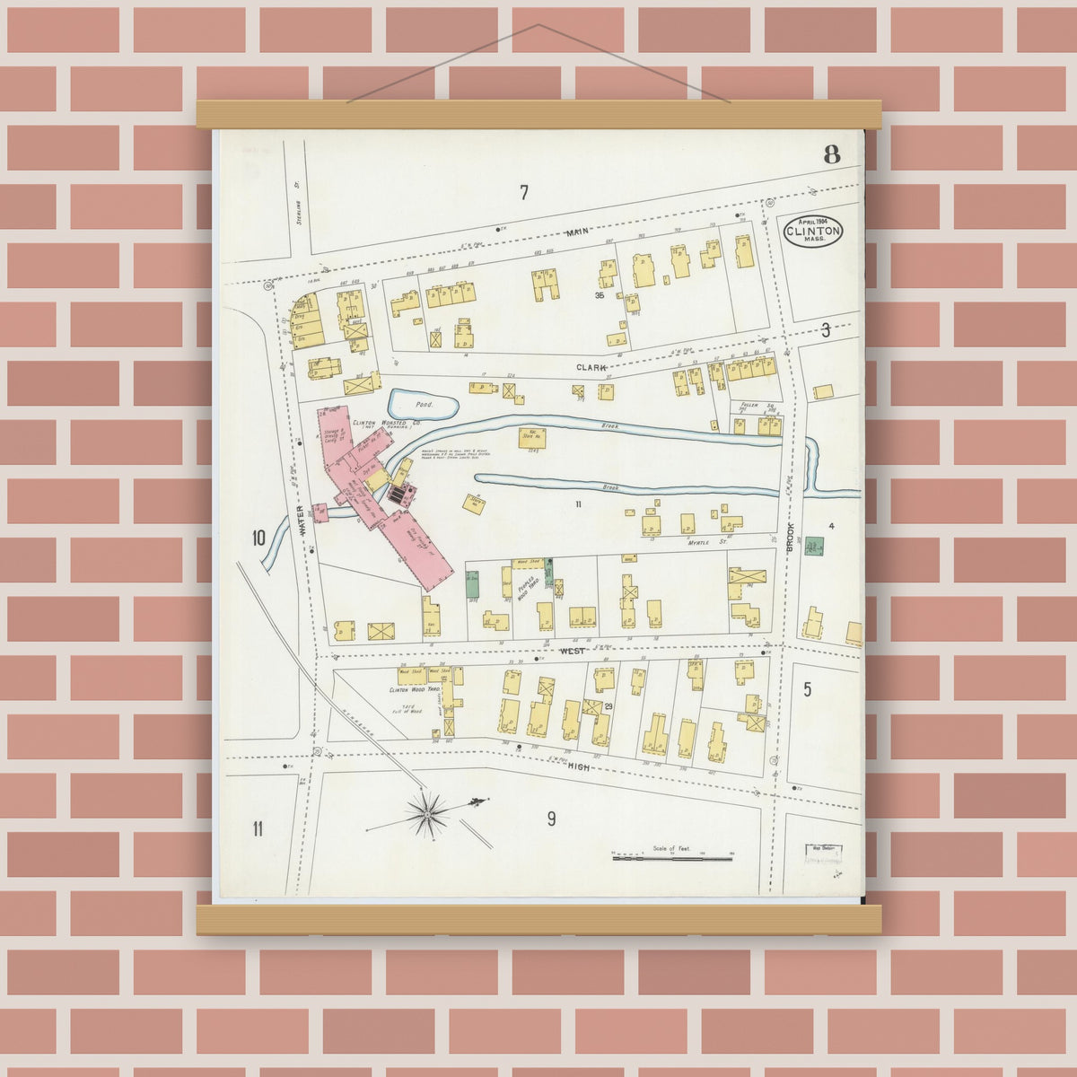 Old map wall art mockup — magnetic wood frame on brick wall — Sanborn Fire Insurance Map from Clinton, Worcester County, Massachusetts (1904), Sheet #0008
