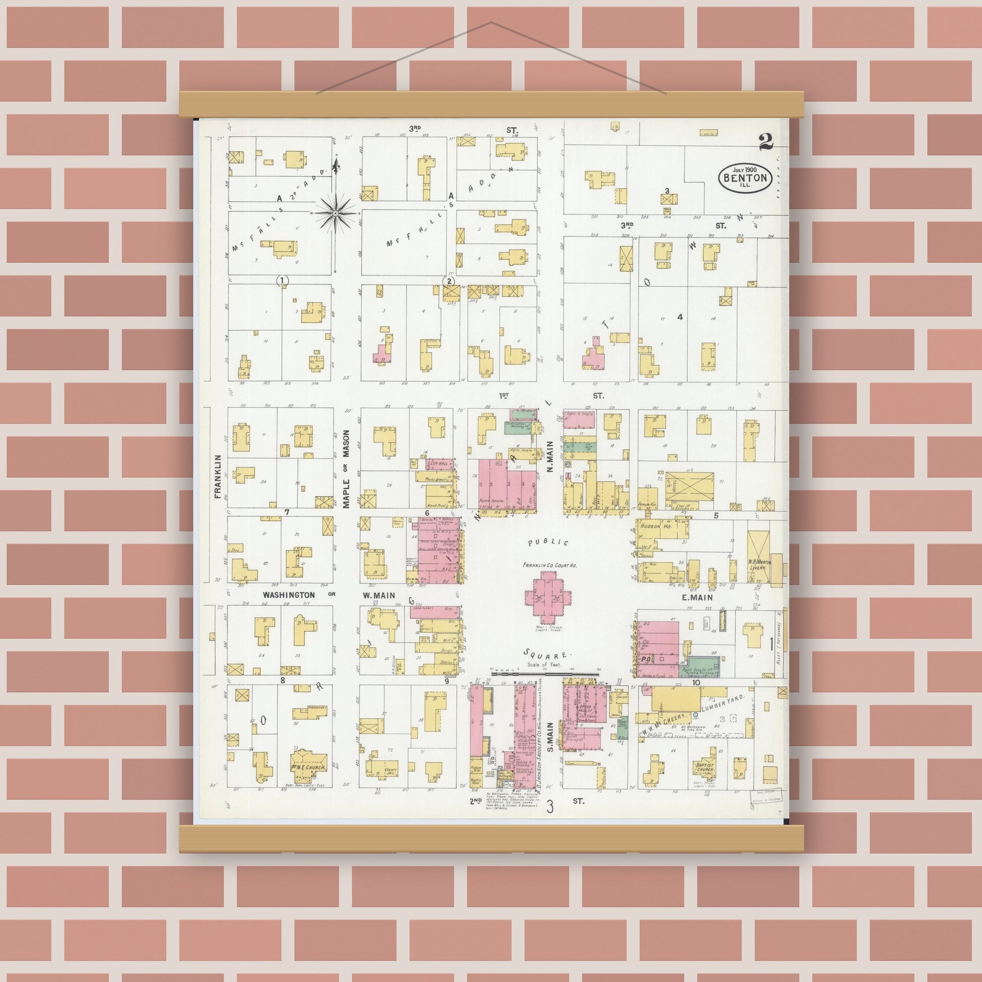 Old map wall art mockup — magnetic wood frame on brick wall — Sanborn Fire Insurance Map from Benton, Franklin County, Illinois (1900), Sheet #0002