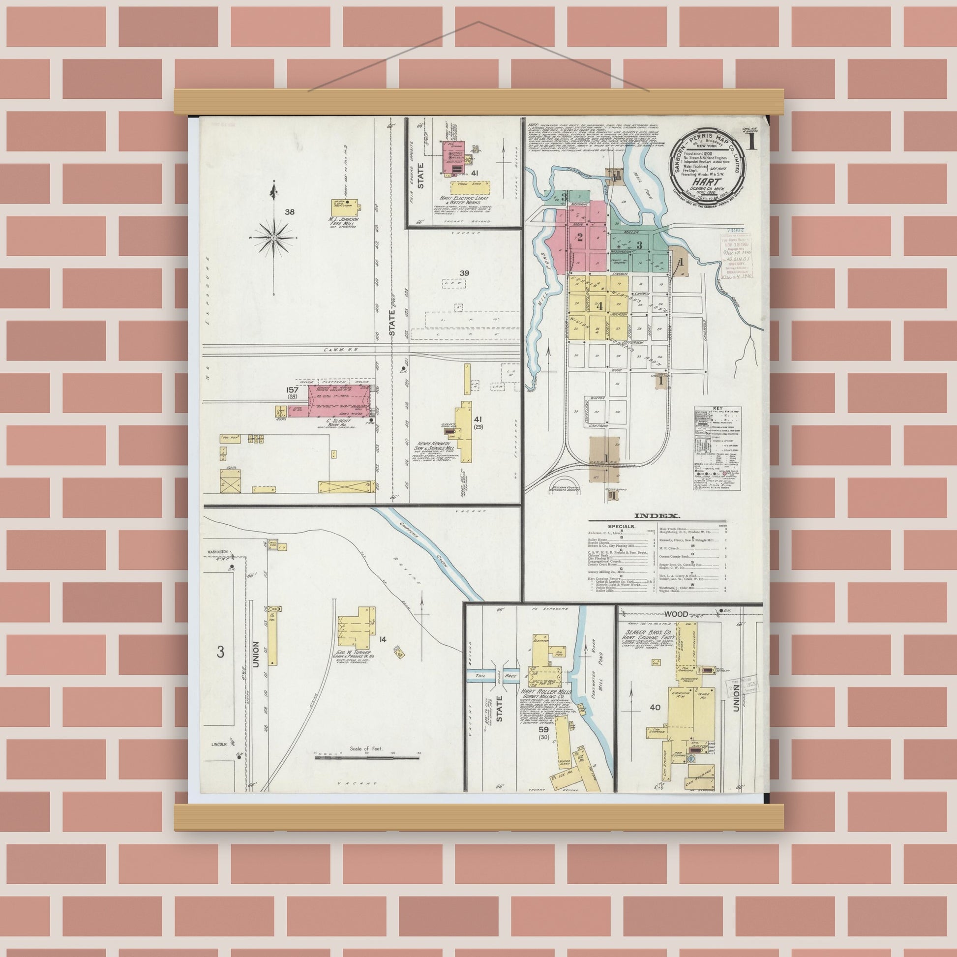 Old map wall art mockup — magnetic wood frame on brick wall — Sanborn Fire Insurance Map from Hart, Oceana County, Michigan (1900), Sheet #0001