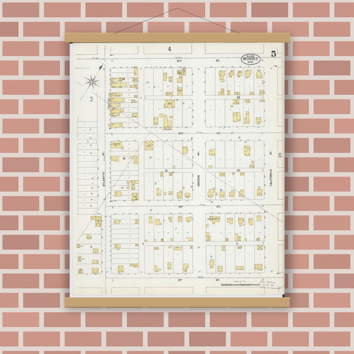 Old map wall art mockup — magnetic wood frame on brick wall — Sanborn Fire Insurance Map from Morris, Stevens County, Minnesota (1902), Sheet #0005