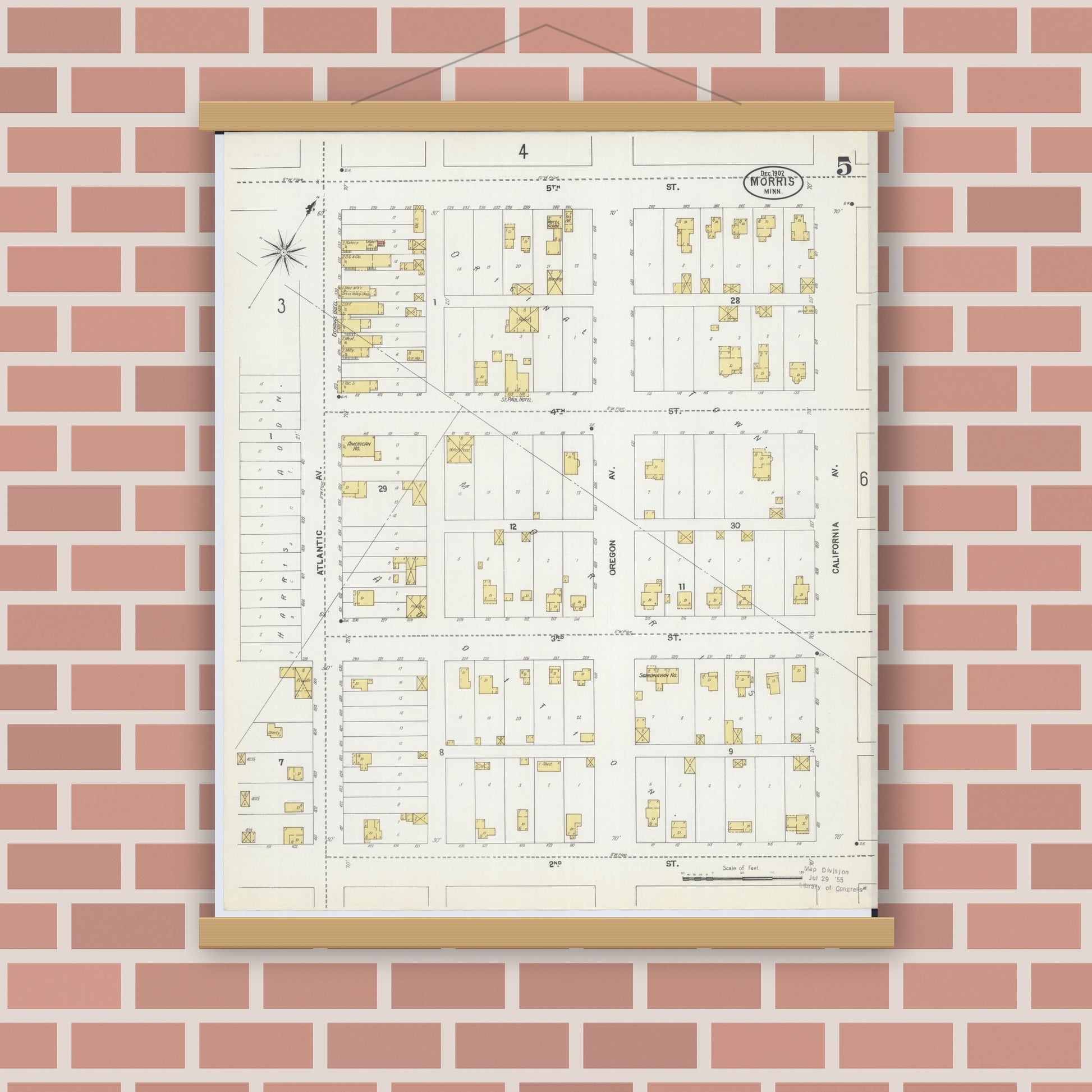 Old map wall art mockup — magnetic wood frame on brick wall — Sanborn Fire Insurance Map from Morris, Stevens County, Minnesota (1902), Sheet #0005