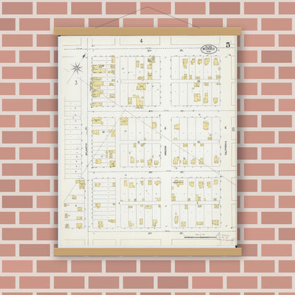 Old map wall art mockup — magnetic wood frame on brick wall — Sanborn Fire Insurance Map from Morris, Stevens County, Minnesota (1902), Sheet #0005