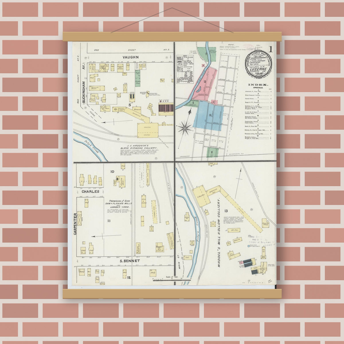 Old map wall art mockup — magnetic wood frame on brick wall — Sanborn Fire Insurance Map from Luzerne, Luzerne County, Pennsylvania (1891), Sheet #0001