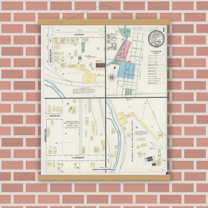 Old map wall art mockup — magnetic wood frame on brick wall — Sanborn Fire Insurance Map from Luzerne, Luzerne County, Pennsylvania (1891), Sheet #0001