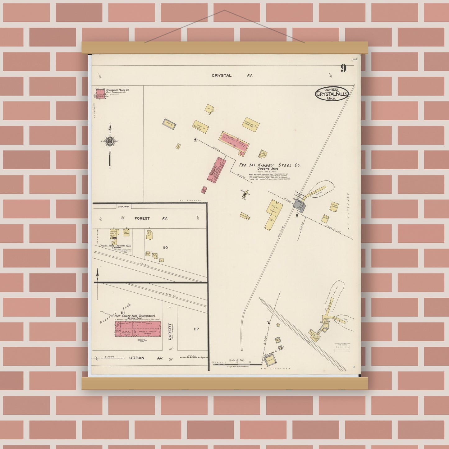 Old map wall art mockup — magnetic wood frame on brick wall — Sanborn Fire Insurance Map from Crystal Falls, Iron County, Michigan (1922), Sheet #0009