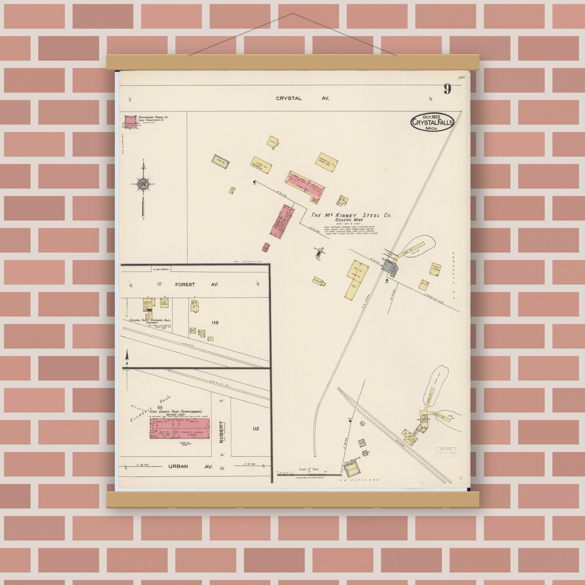 Old map wall art mockup — magnetic wood frame on brick wall — Sanborn Fire Insurance Map from Crystal Falls, Iron County, Michigan (1922), Sheet #0009