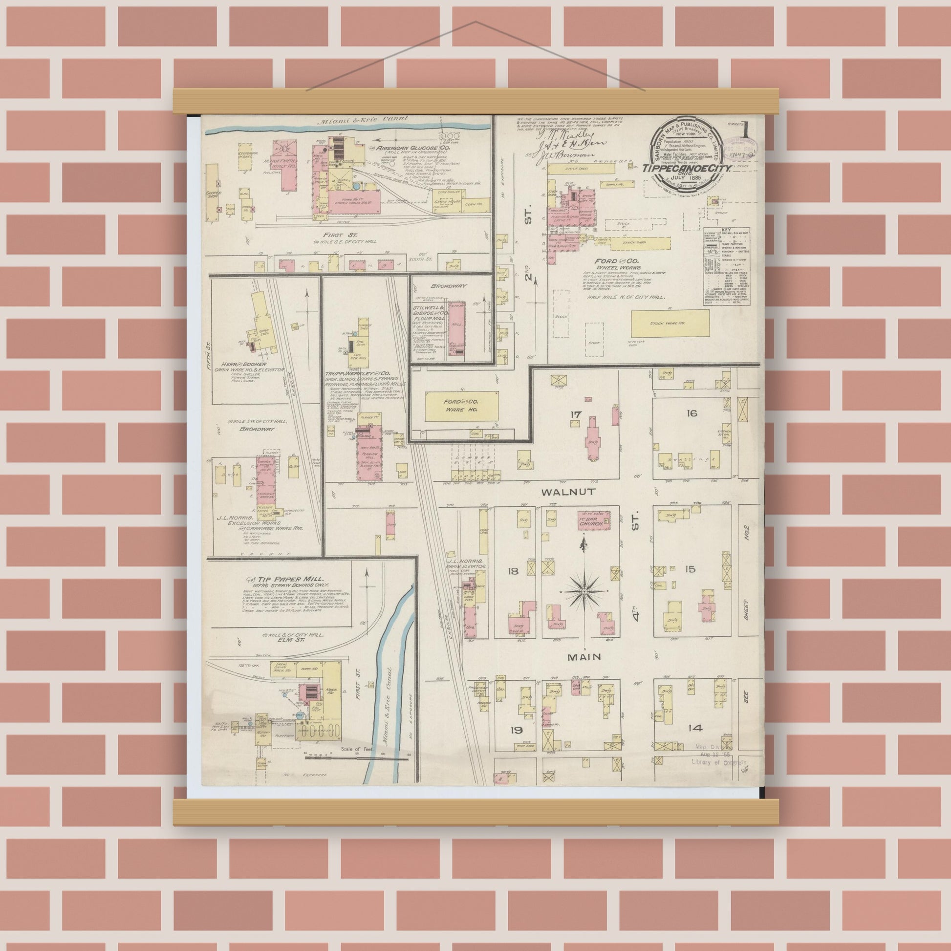 Old map wall art mockup — magnetic wood frame on brick wall — Sanborn Fire Insurance Map from Tipp City, Miami County, Ohio (1885) - Complete Map Set
