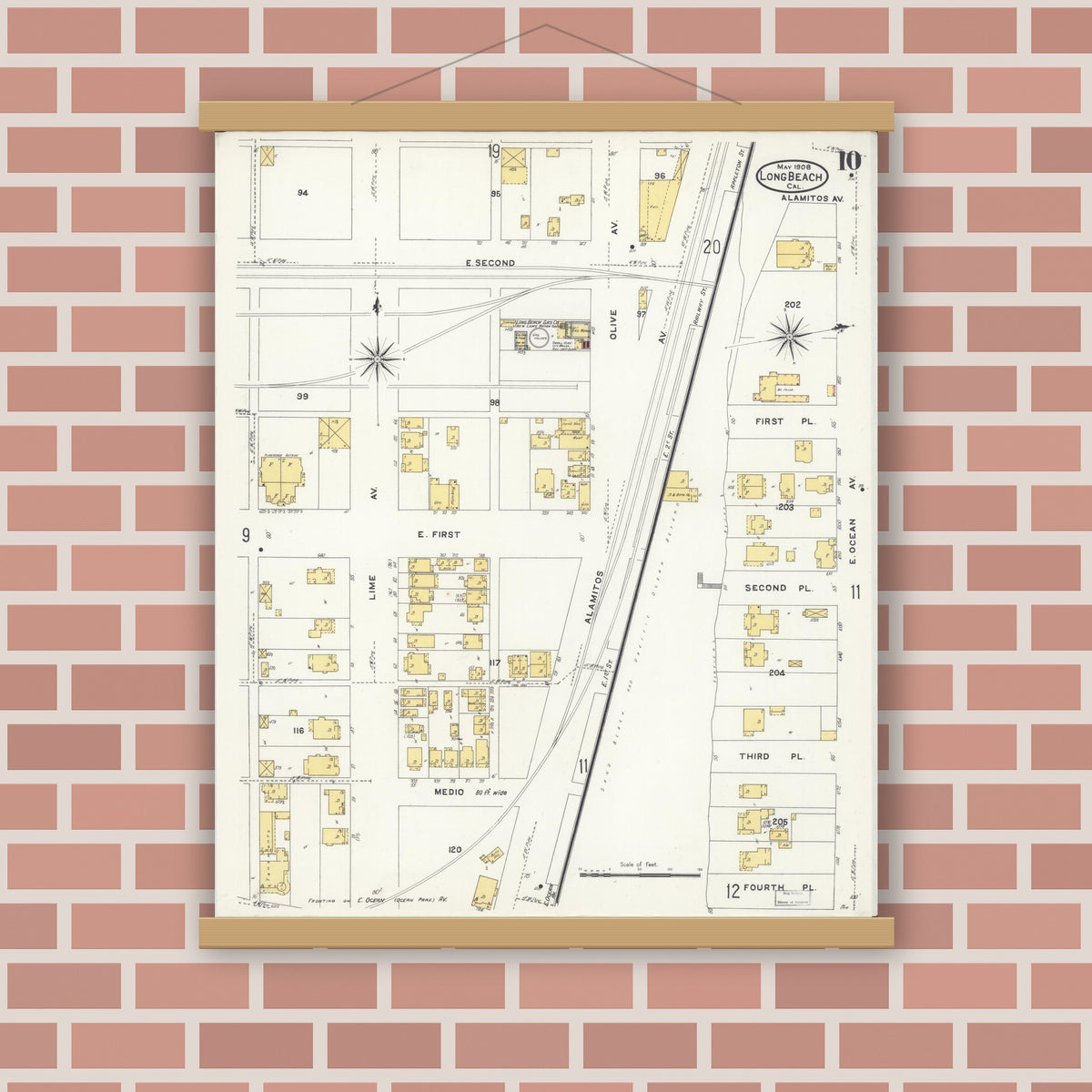 Old map wall art mockup — magnetic wood frame on brick wall — Sanborn Fire Insurance Map from Long Beach, Los Angeles County, California (1908), Sheet #0010
