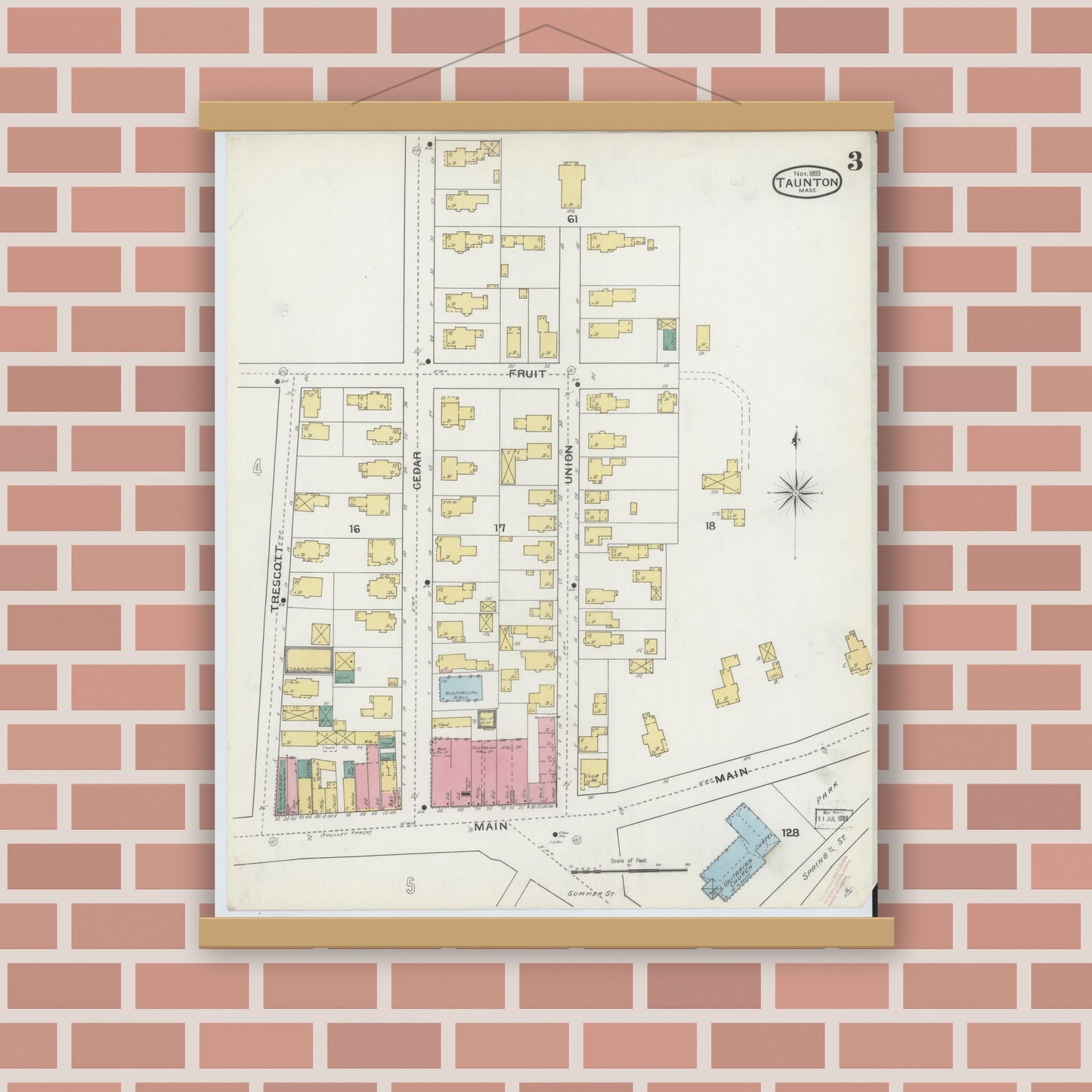 Old map wall art mockup — magnetic wood frame on brick wall — Sanborn Fire Insurance Map from Taunton, Bristol County, Massachusetts (1893), Sheet #0003